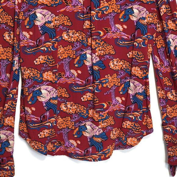 Anthropologie Maeve Bird Print Button Down Shirt Ruffle Tie Cuff  Boho Blouse 4 - Picture 5 of 16